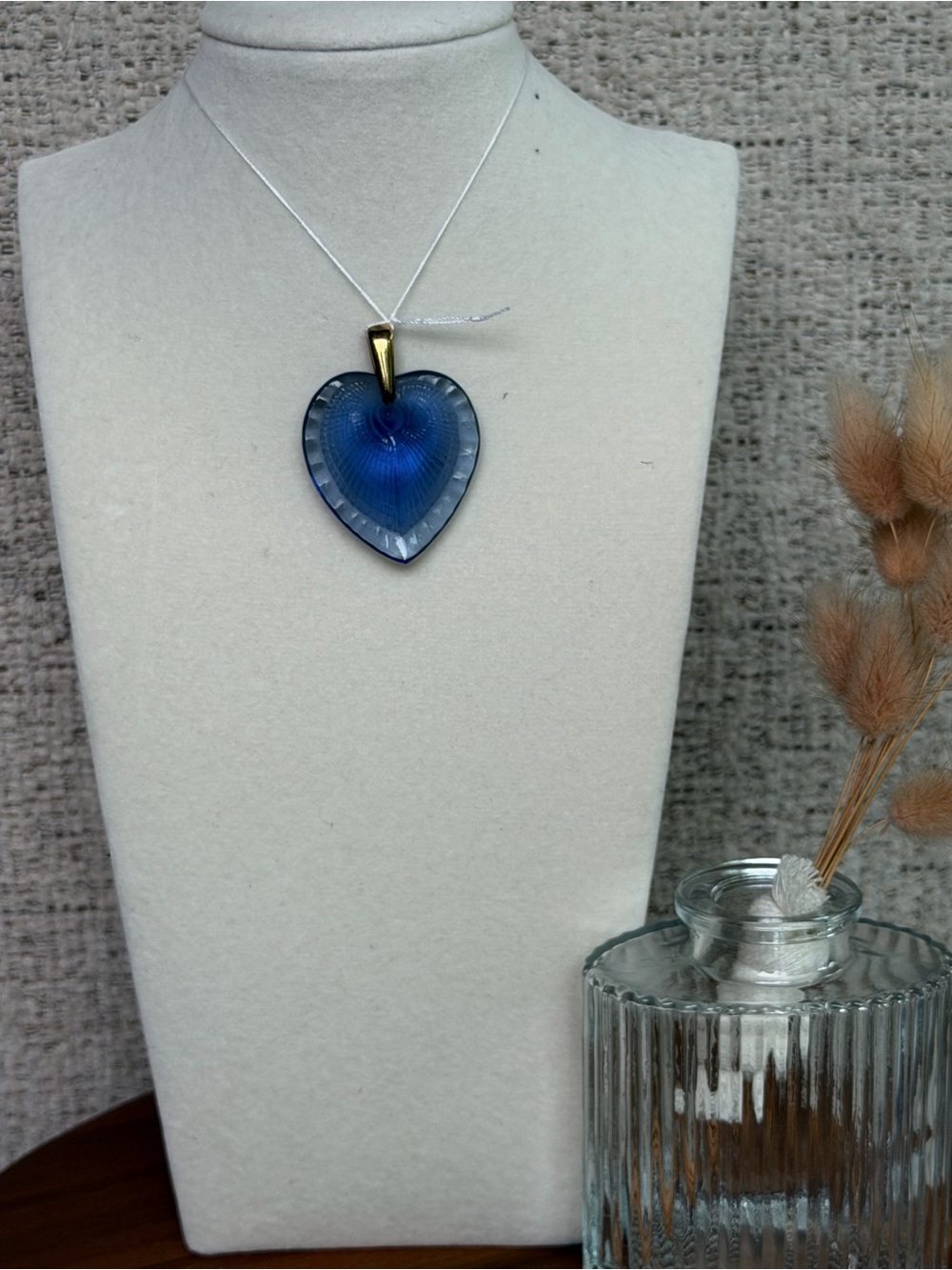 Lalique Blue Crystal Heart Pendant Signed Gold Tone Bail France 15g
